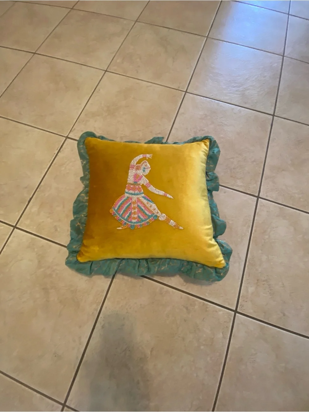 Embroidered Dancer Velvet Throw Pillow in Mustard Yellow with Teal Ruffle